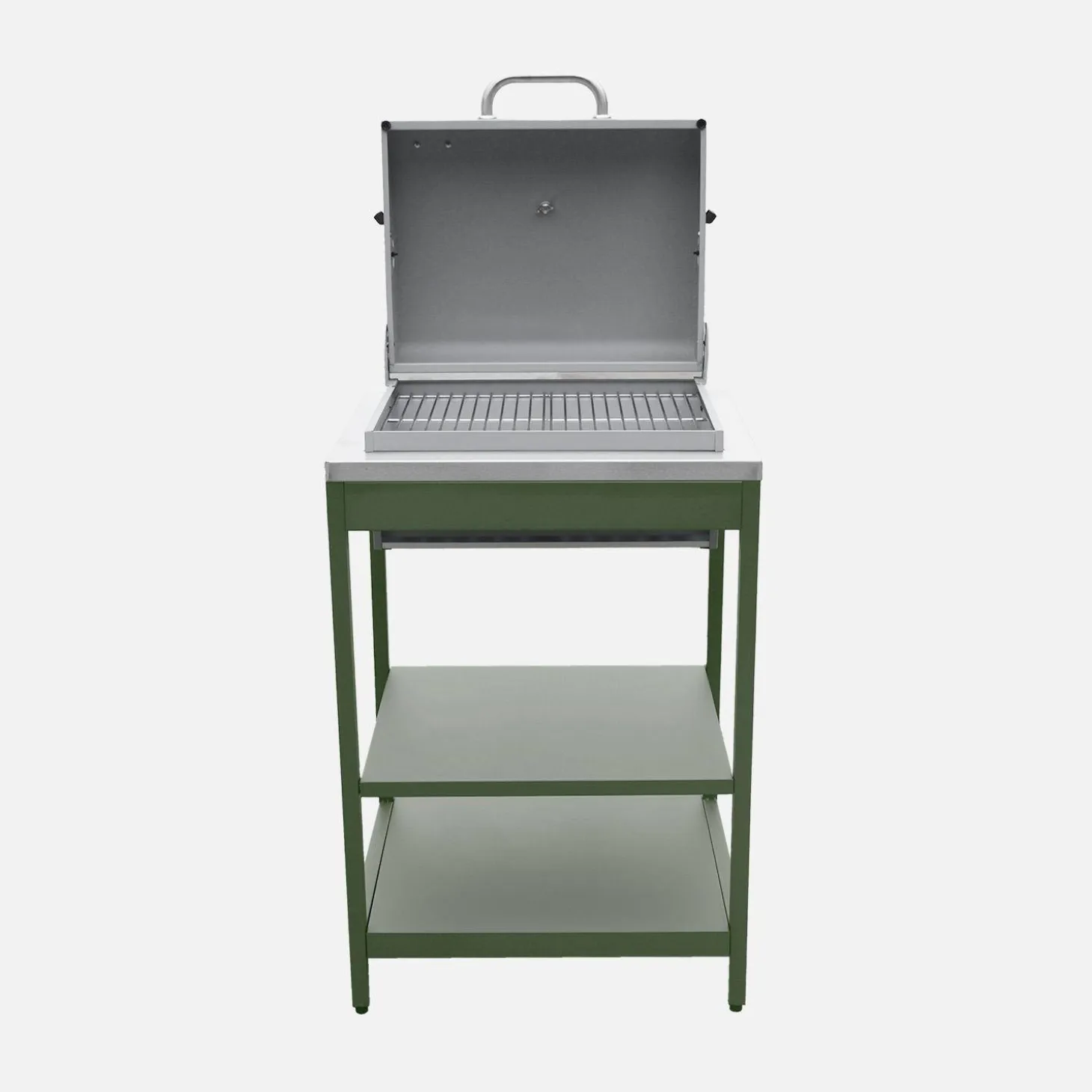 Holzkohlegrill und Räucherofen auf Beinen, 2 Regalböden