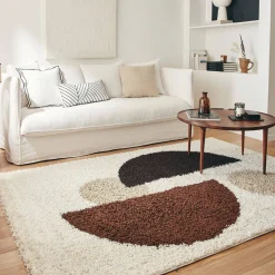 Indoor Shaggy-Teppich mit kreisförmigen Mustern, beige, braun, schwarz