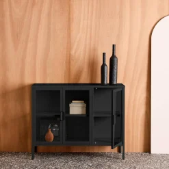 Industrielles Sideboard aus Metall und gehärtetem Glas mit 3 Türen, 100 cm