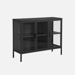 Industrielles Sideboard aus Metall und gehärtetem Glas mit 3 Türen, 100 cm