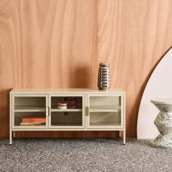 Industrielles TV-Möbel aus Metall und gehärtetem Glas mit 3 Türen, 120 cm