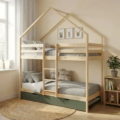 Kinder-Etagenbett Hausbett 90 x 190 cm aus Kiefernholz natur mit Ausziehbett