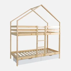 Kinder-Etagenbett Hausbett 90 x 190 cm aus naturbelassenem Kiefernholz mit Schubkästen