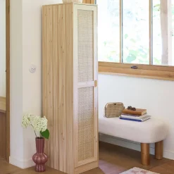 Kleiderschrank mit Rattan-Geflecht und Holzdekor, 1 Tür, 5 Regale