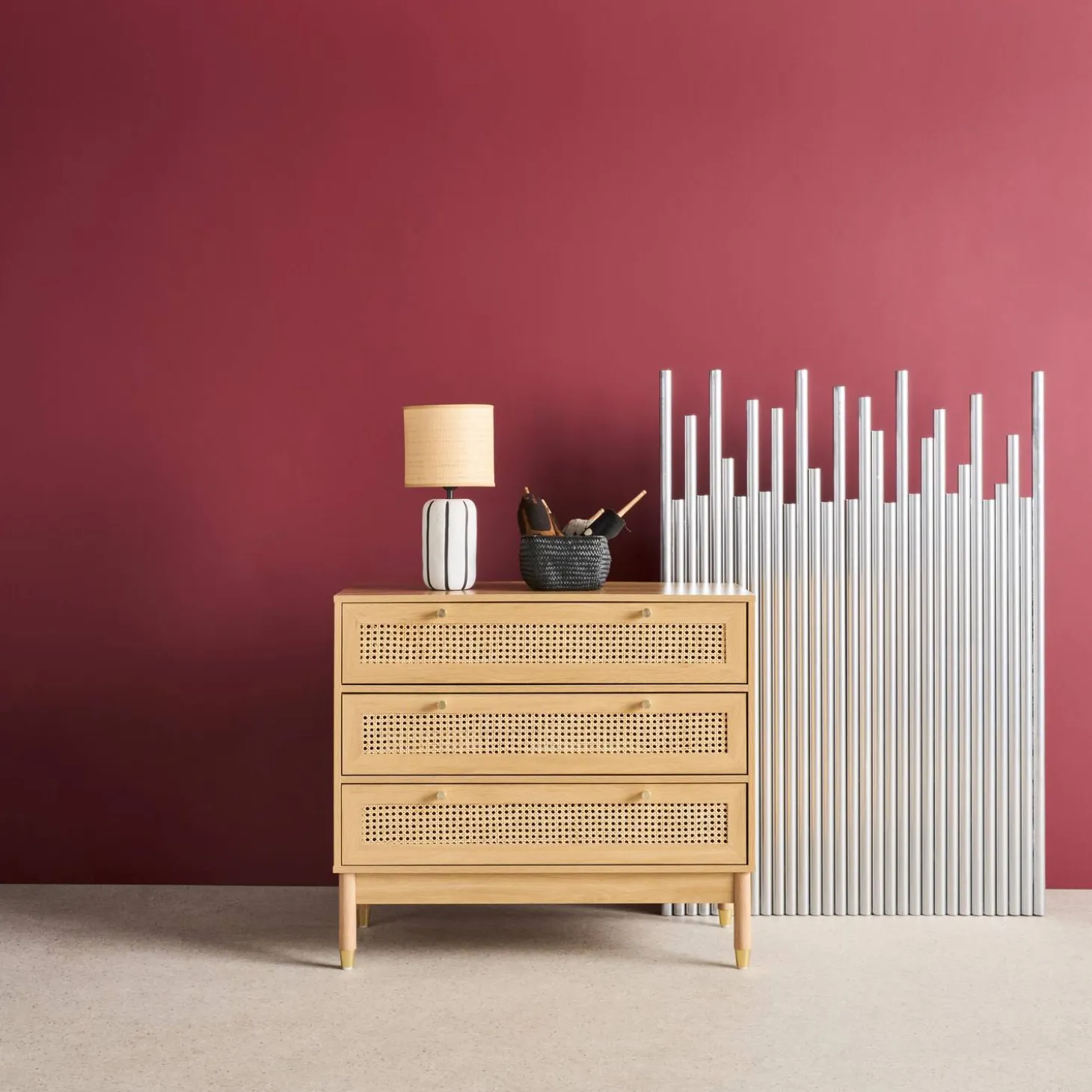 Kommode Holzdekor und Rattan-Geflecht 3 Schubladen