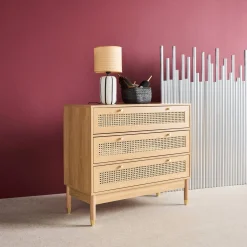 Kommode Holzdekor und Rattan-Geflecht 3 Schubladen