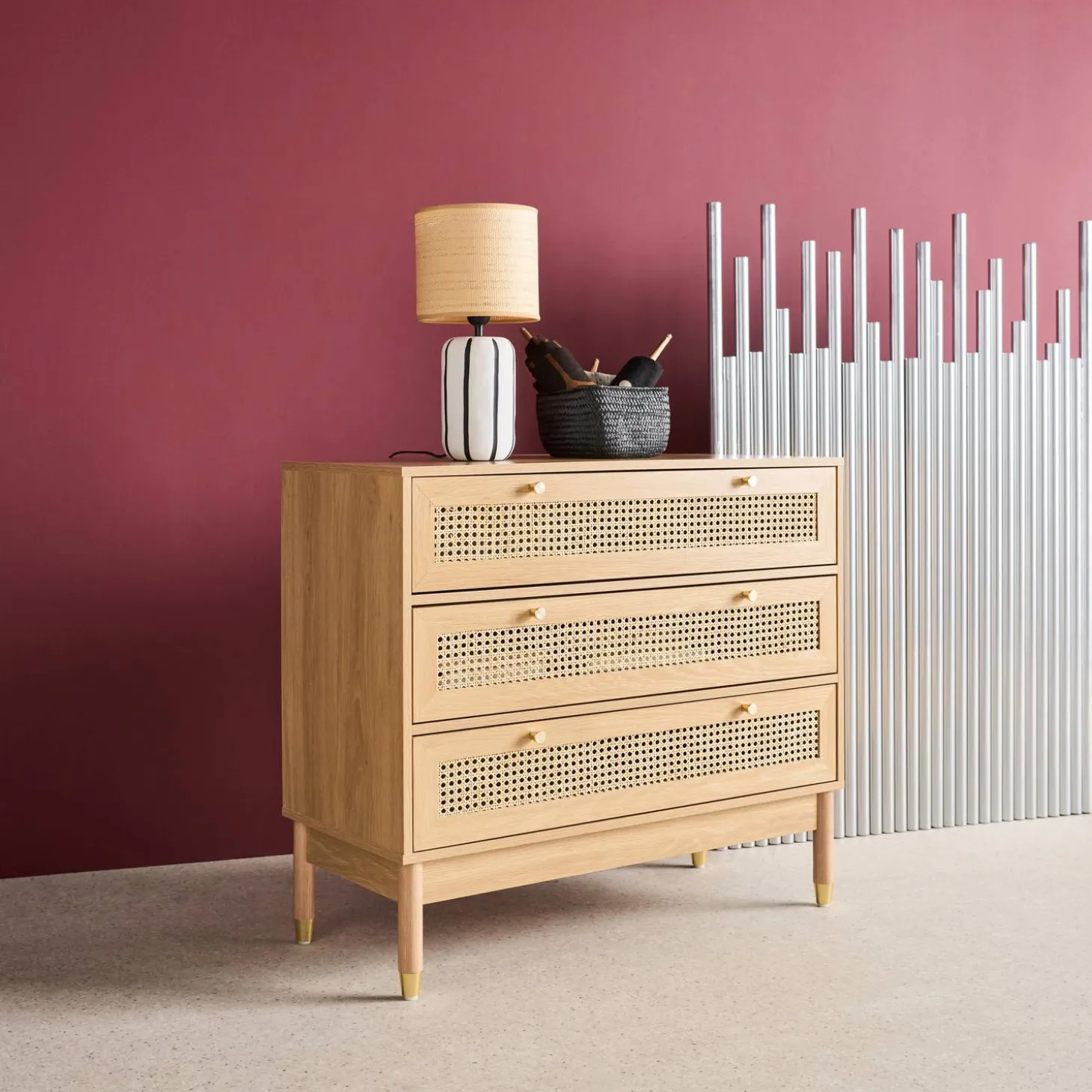 Kommode Holzdekor und Rattan-Geflecht 3 Schubladen