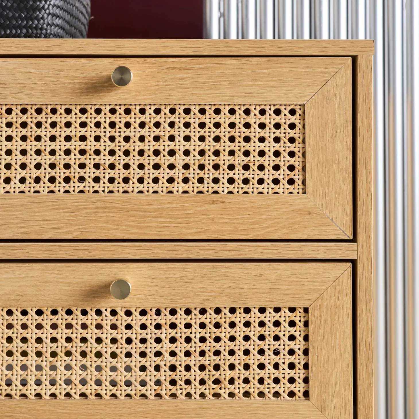 Kommode Holzdekor und Rattan-Geflecht 3 Schubladen