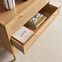 Kommode Holzdekor und Rattan-Geflecht 3 Schubladen