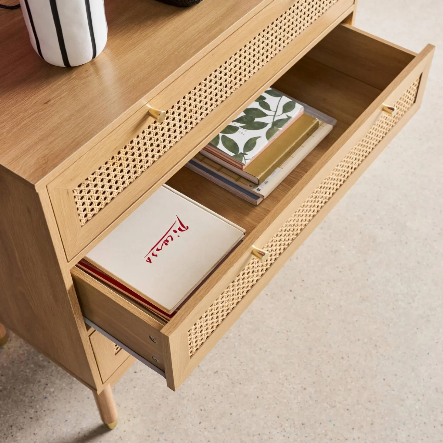 Kommode Holzdekor und Rattan-Geflecht 3 Schubladen