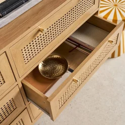 Kommode Holzdekor und Rattan-Geflecht 6 Schubladen