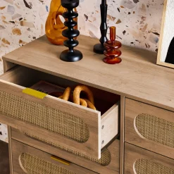 Kommode mit Holzdekor und abgerundetem Rattan-Geflecht 6 Schubladen
