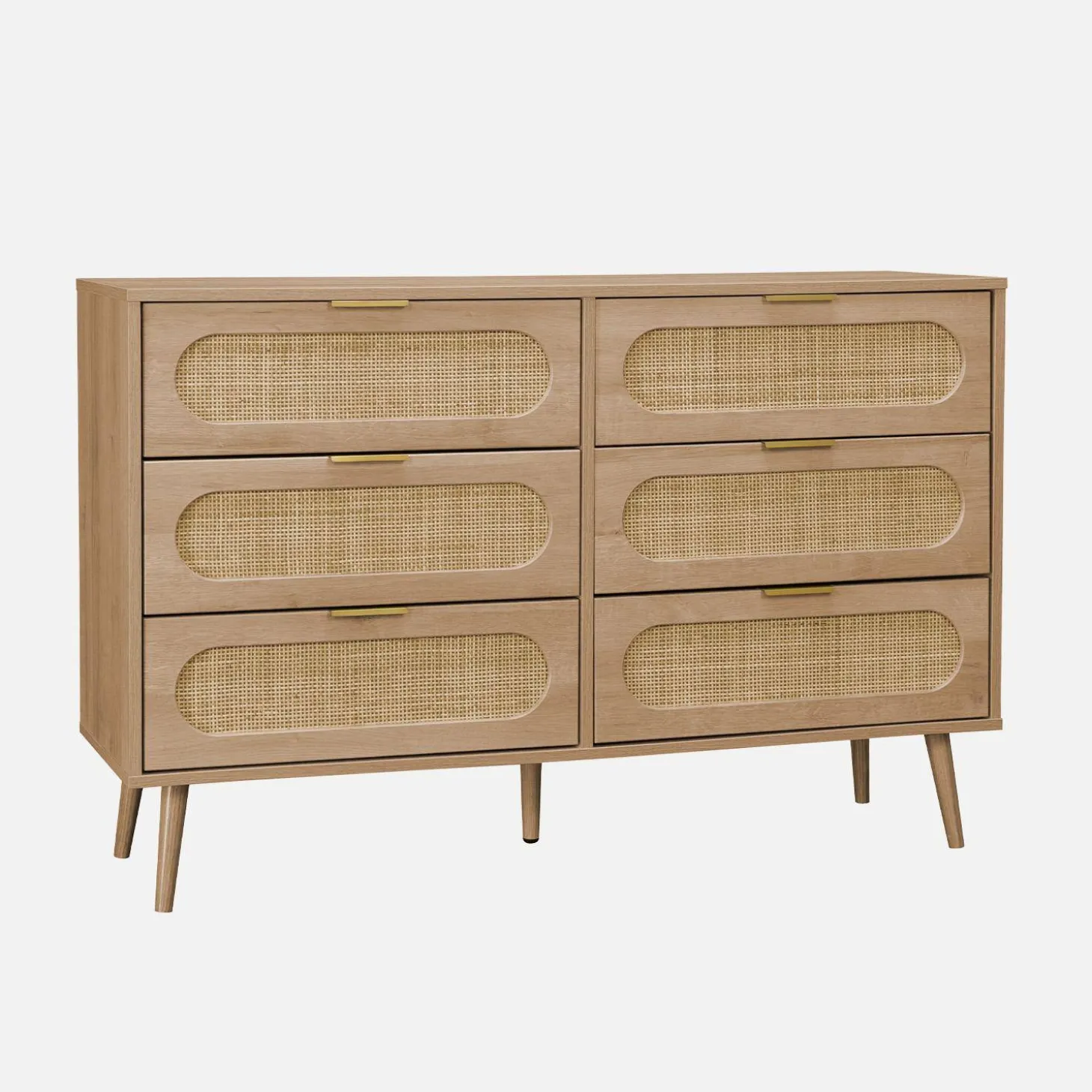Kommode mit Holzdekor und abgerundetem Rattan-Geflecht 6 Schubladen