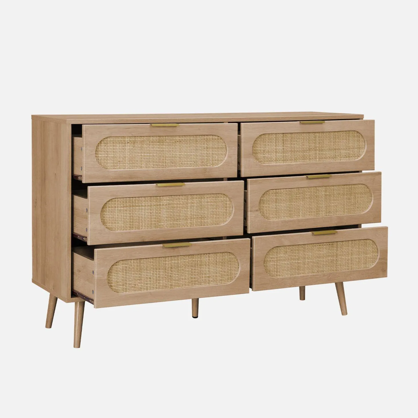 Kommode mit Holzdekor und abgerundetem Rattan-Geflecht 6 Schubladen