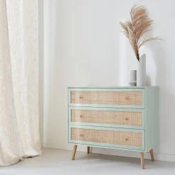 Kommode mit Holzeffekt und Rattan-Geflecht 3 Schubladen