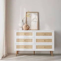 Kommode mit Holzlook, Rattan-Geflecht und 6 Schubladen