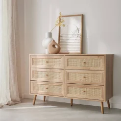 Kommode mit Holzlook, Rattan-Geflecht und 6 Schubladen