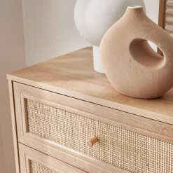 Kommode mit Holzlook, Rattan-Geflecht und 6 Schubladen
