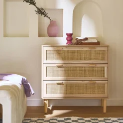 Kommode mit 3 Schubladen, Rattan-Geflecht und Holzdekor