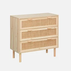 Kommode mit 3 Schubladen, Rattan-Geflecht und Holzdekor