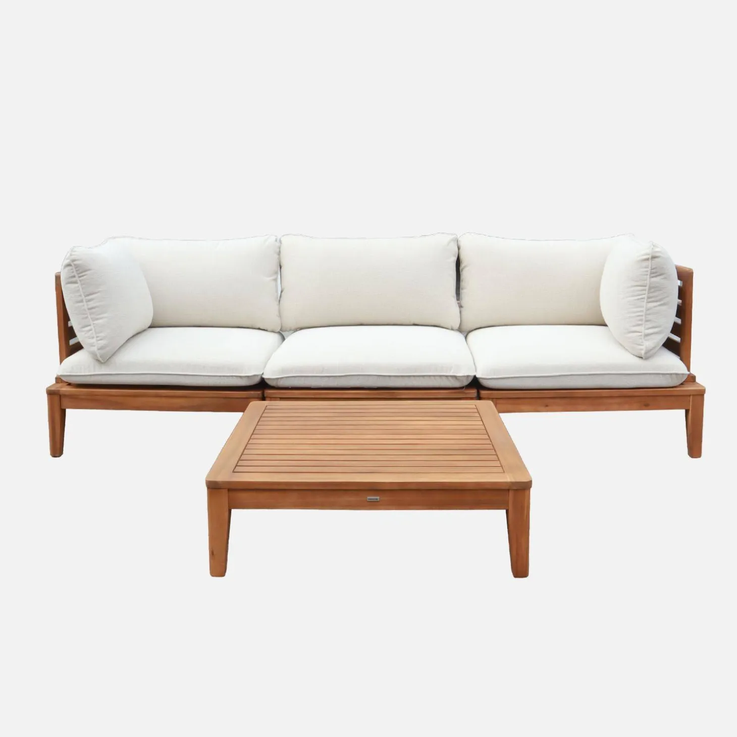 Modulares Gartenmöbelset aus Akazienholz 3-Sitzer mit Seitenteilen und Bouclé-Look