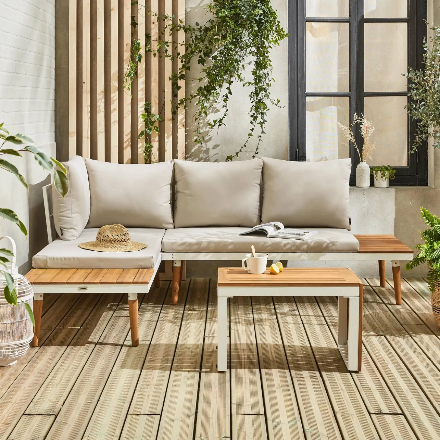 Modulares Gartenmöbelset aus Aluminium und Akazienholz, 4-Sitzer