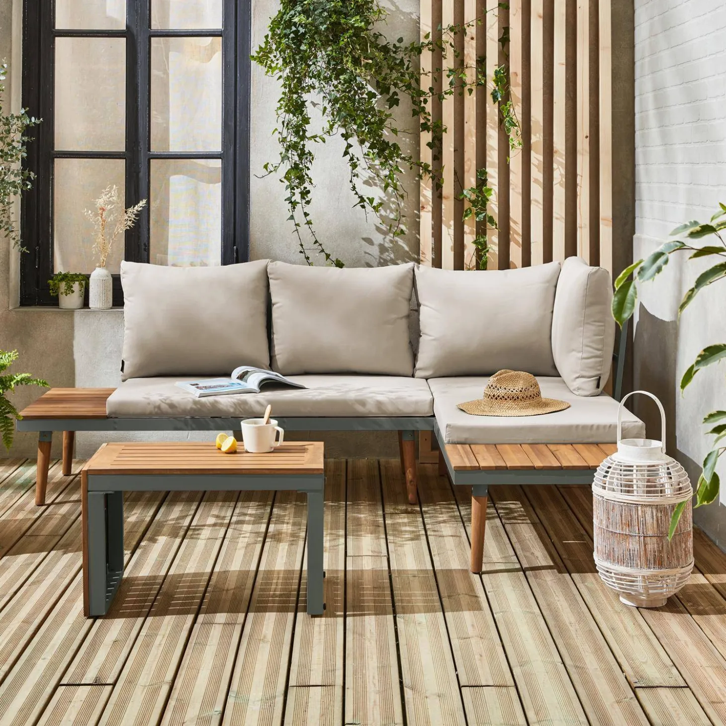 Modulares Gartenmöbelset aus Aluminium und Akazienholz, 4-Sitzer