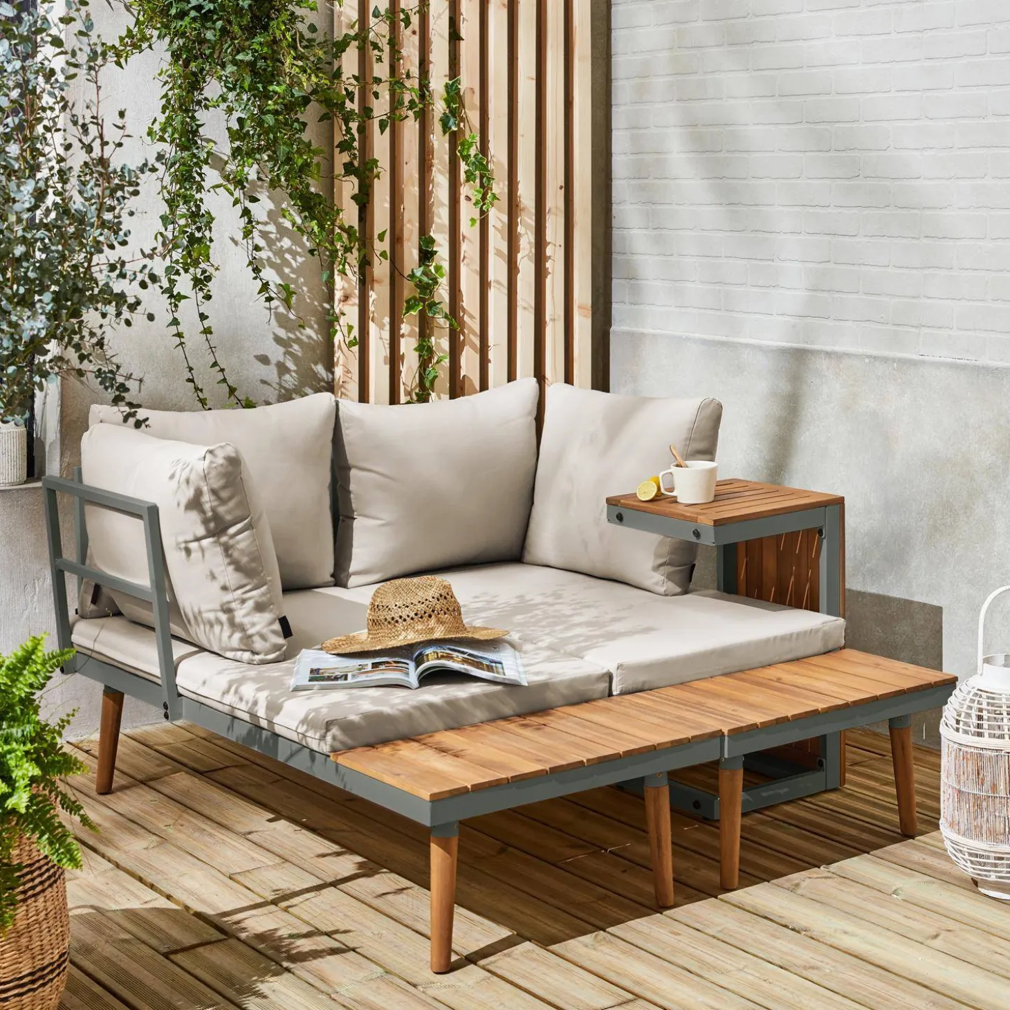 Modulares Gartenmöbelset aus Aluminium und Akazienholz, 4-Sitzer