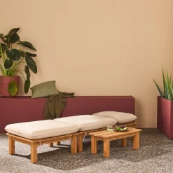 Modulares Loungeset aus naturfarbenem Akazienholz, 1-Sitzer, 3-fach verstellbar mit Tisch