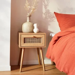 Nachttisch mit Holzeffekt und Rattan-Geflecht, 1 Schublade