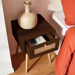Nachttisch mit Holzeffekt und Rattan-Geflecht, 1 Schublade