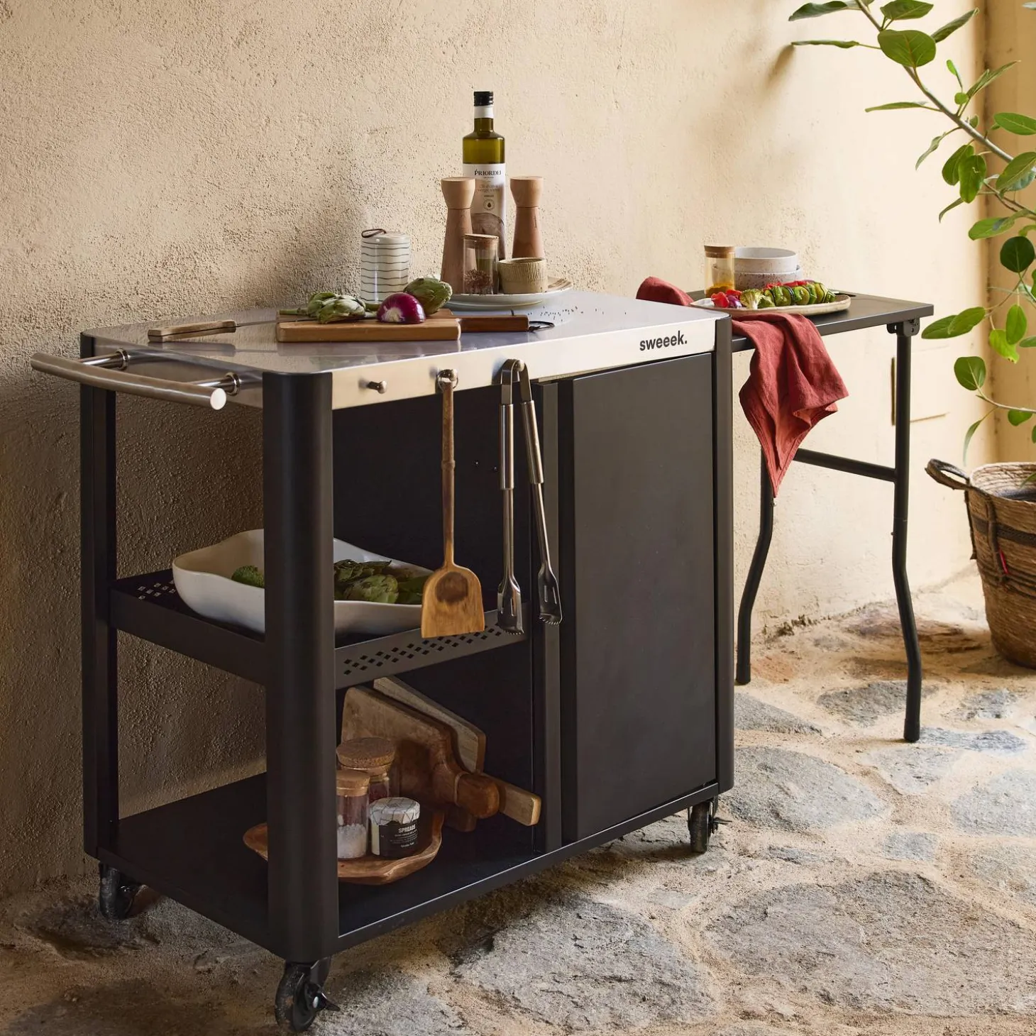 Outdoor-Servierwagen, Anrichte aus Edelstahl 94,5 cm mit klappbarer Ablage