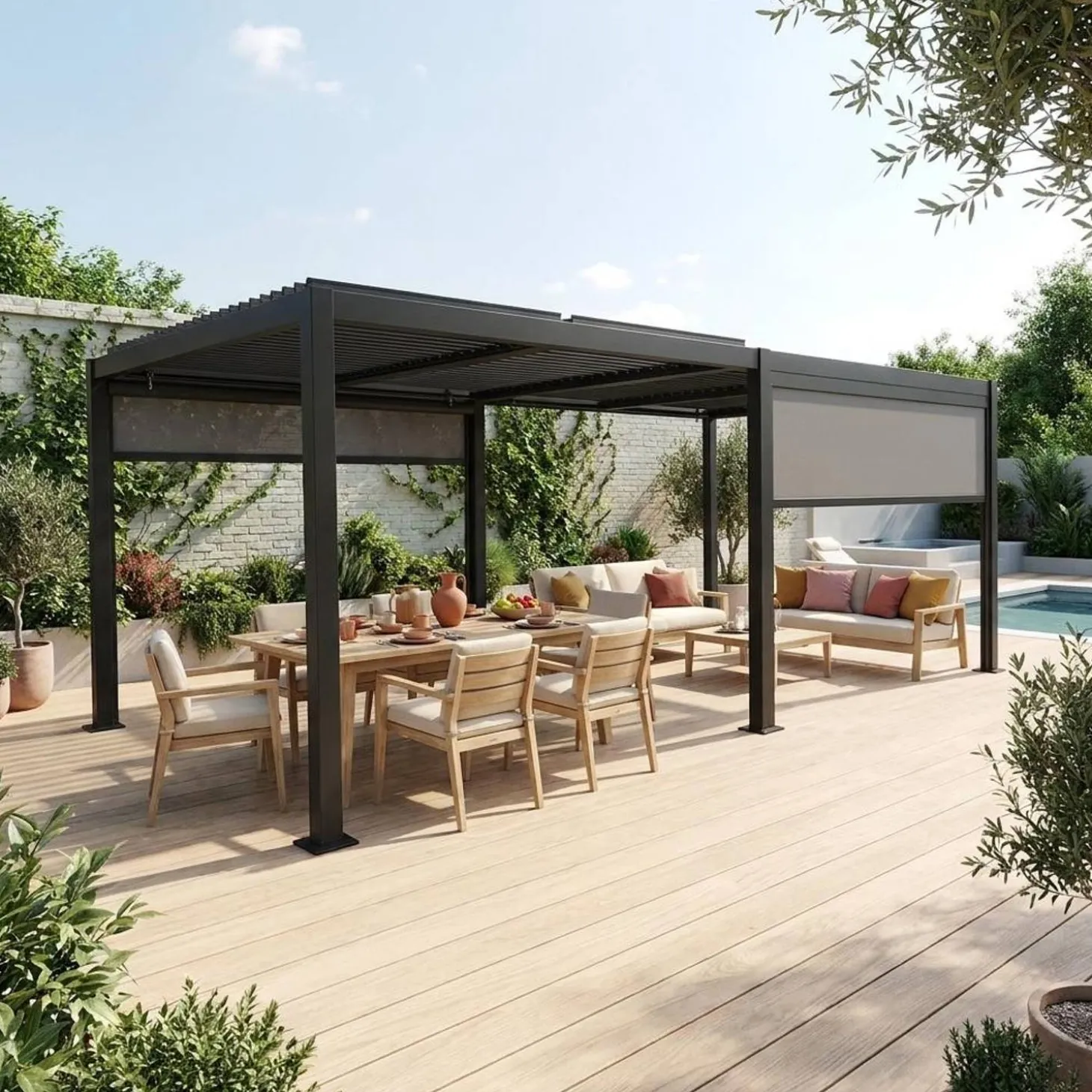 Pergola mit Lamellendach Palace 3x6m + 2 Markisen 3m