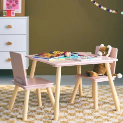 Quadratischer Kindertisch mit 2 Stühlen, Beine aus Kiefer