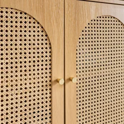 Regal Bücherregal Holzdekor und Rattan-Geflecht 4 Ebenen 2 Türen