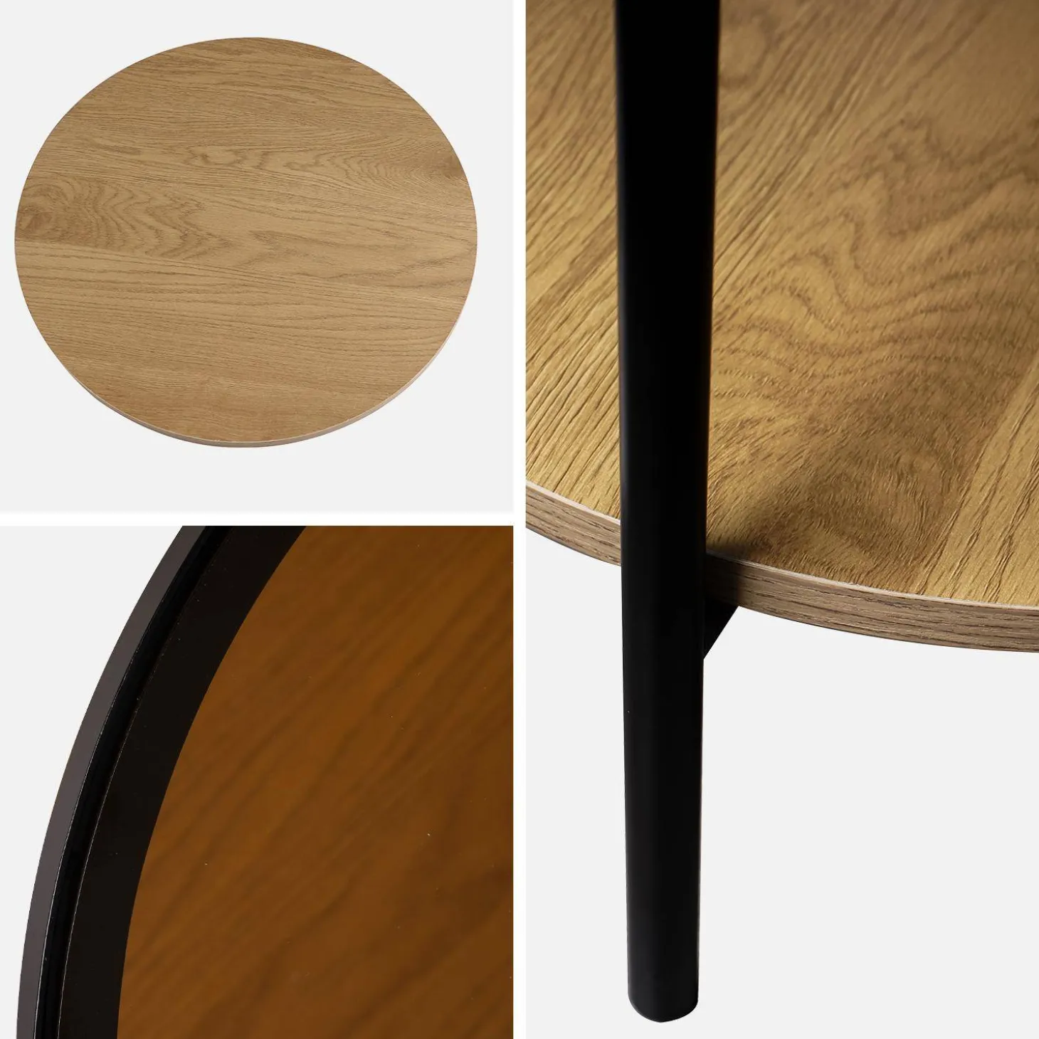 Runder Beistelltisch mit Holzoptik, mit gehärtetem Glas und schwarzem Metall