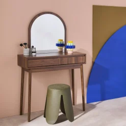 Schminktisch Holzoptik, abgerundeter Spiegel, 2 Schubladen, 90 cm