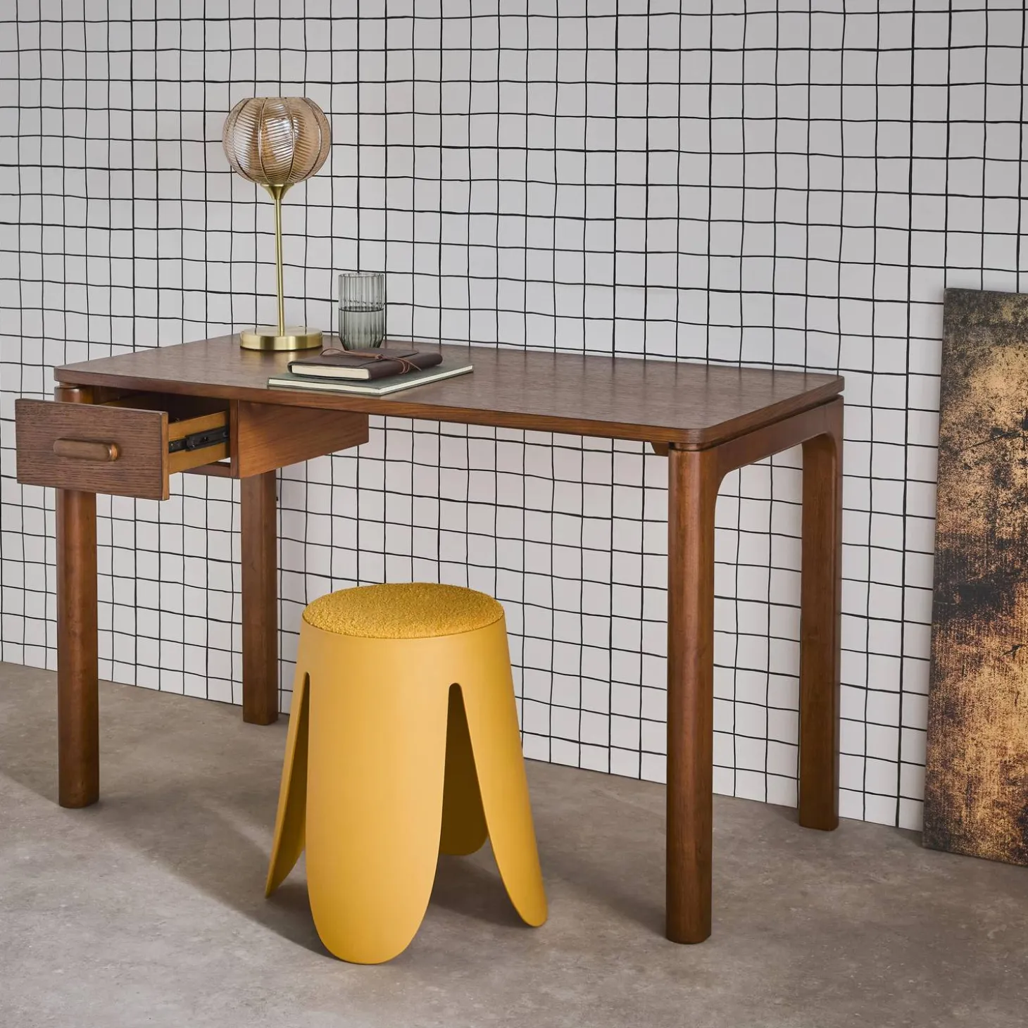 Schreibtisch aus Heveaholz Platte mit Eichenfurnier 1 Schublade