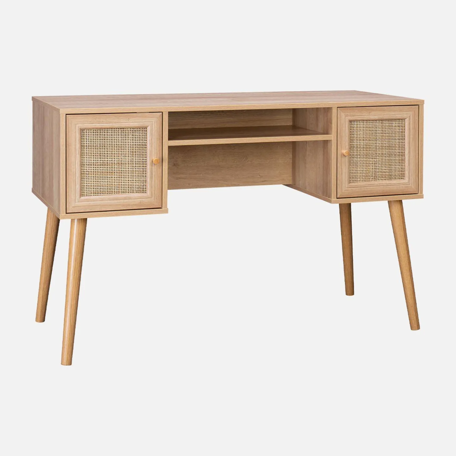 Schreibtisch mit Holzdekor und Rattan-Geflecht 2 Türen