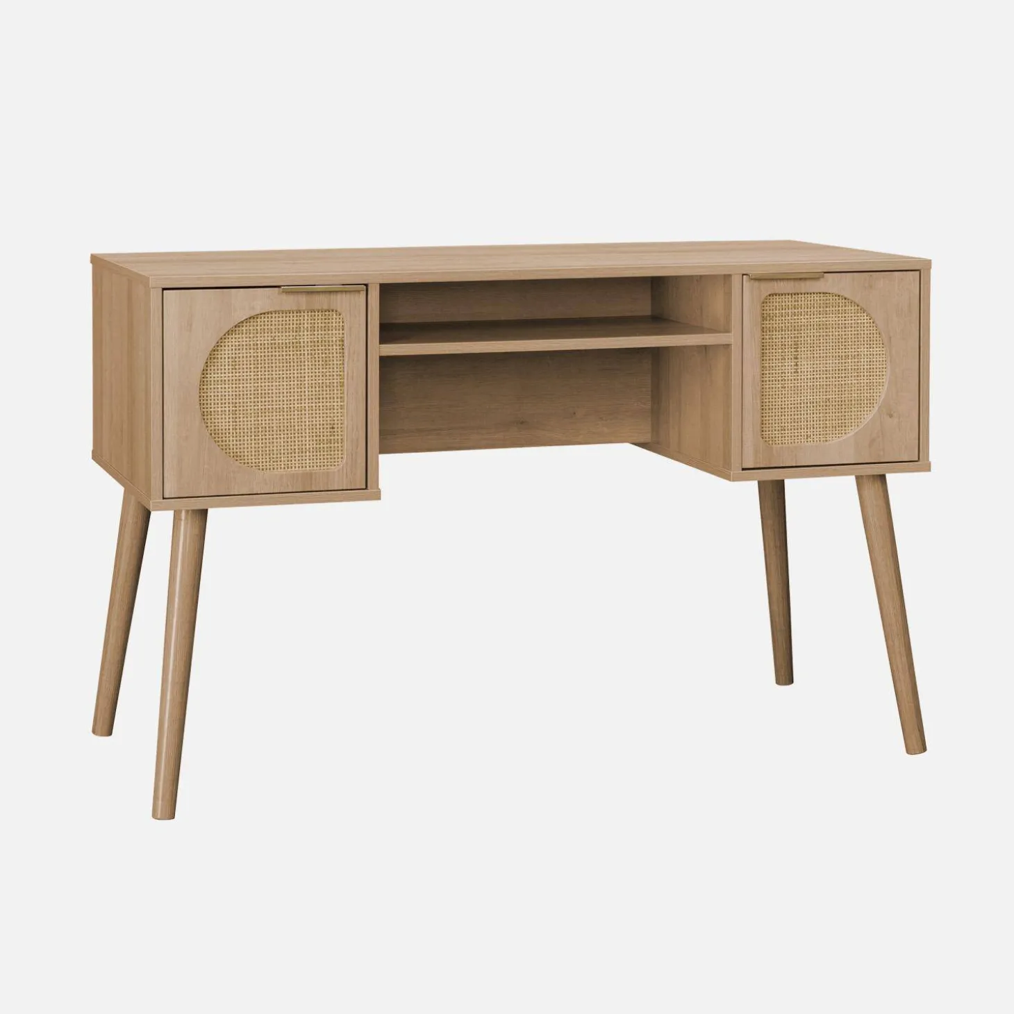 Schreibtisch mit Holzdekor und Rattan-Geflecht, 2 Türen