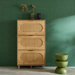 Schuhmöbel mit Holzdekor Rattan-Geflecht und 3 Klappen