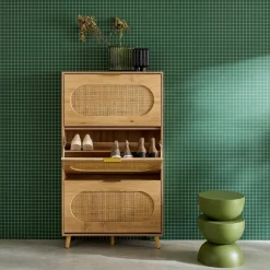Schuhmöbel mit Holzdekor Rattan-Geflecht und 3 Klappen
