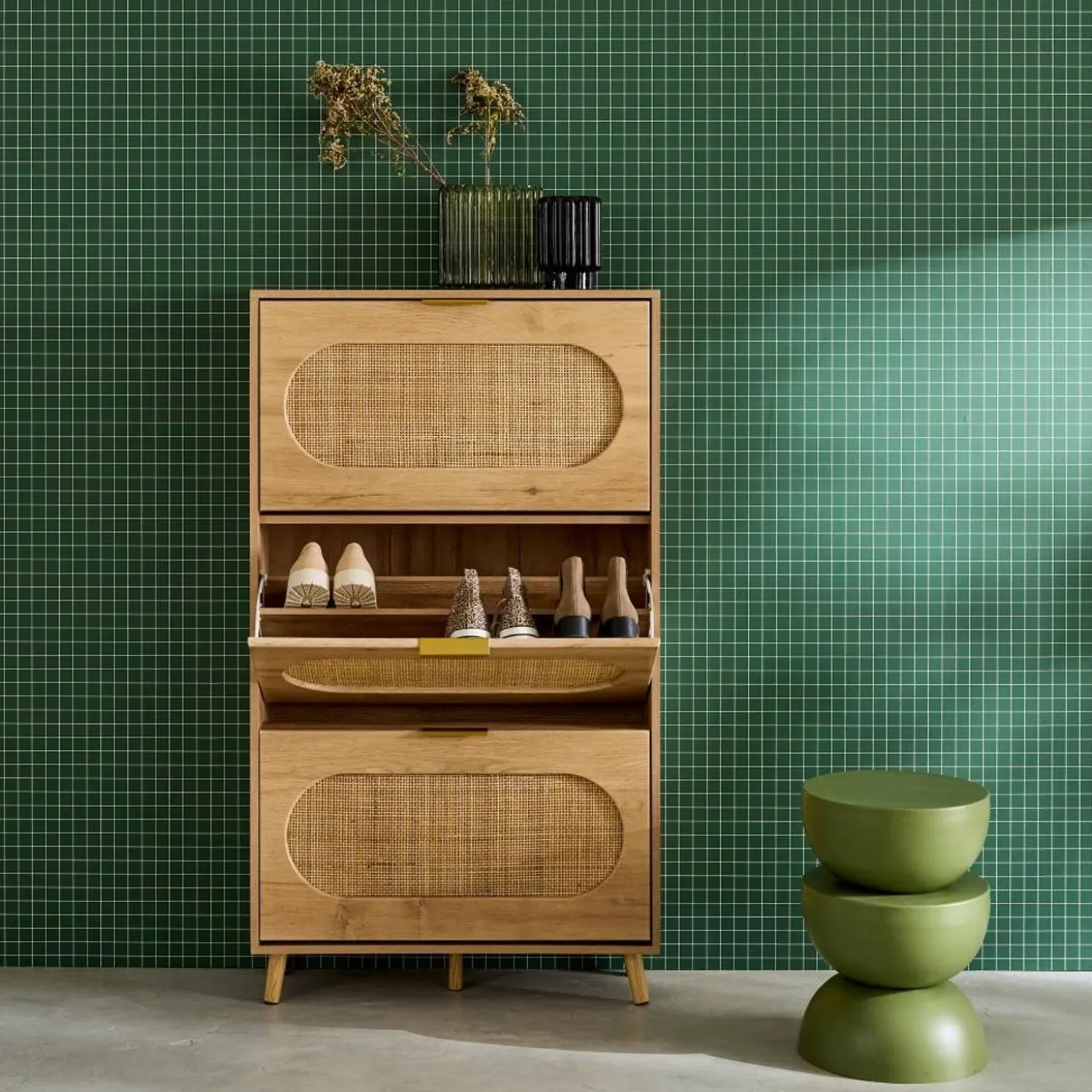 Schuhmöbel mit Holzdekor Rattan-Geflecht und 3 Klappen