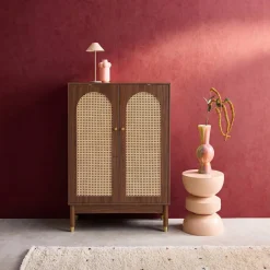 Schuhschrank / kleines Sideboard mit 2 Türen und Rattan-Geflecht