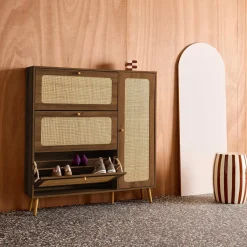 Schuhschrank mit Rattan-Geflecht und 3 Klapptüren