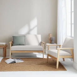 Set Sessel und 3-Sitzer Sitzbank aus Hevea-Holz mit Stoffbezug