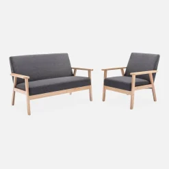 Set Sessel und 3-Sitzer Sitzbank aus Hevea-Holz mit Stoffbezug