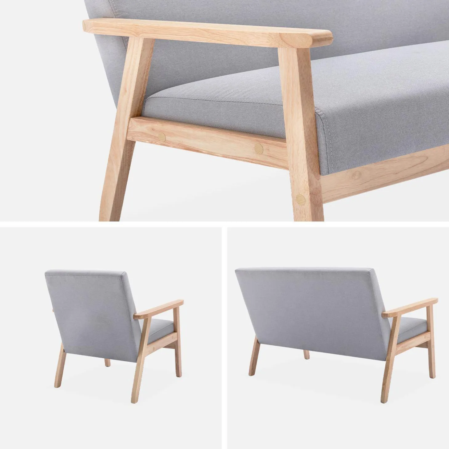 Set Sessel und 3-Sitzer Sitzbank aus Hevea-Holz mit Stoffbezug