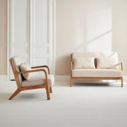 2-Sitzer Bank + Sessel aus Holz mit Bezug in beige