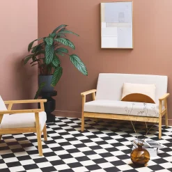 2-Sitzer-Banksofa + Sessel aus Cord-Bezug, Holzbeine